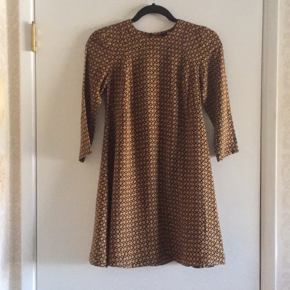 H&M•Blue/Gold Print 3/4 Sleeve Trapeze Swing Dress